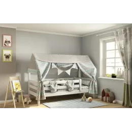 Соня Кровать с надстройкой (домик) с балдахином Белый полупрозрачный/Небесный