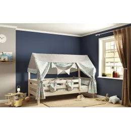 Соня Кровать с надстройкой (домик) с балдахином Прозрачный лак/Небесный