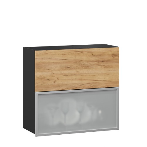 Шервуд Шкаф кухонный 800 горизонтальный с 2 складными дверями комбинированный со стеклом (Чёрный/Дуб золотой)